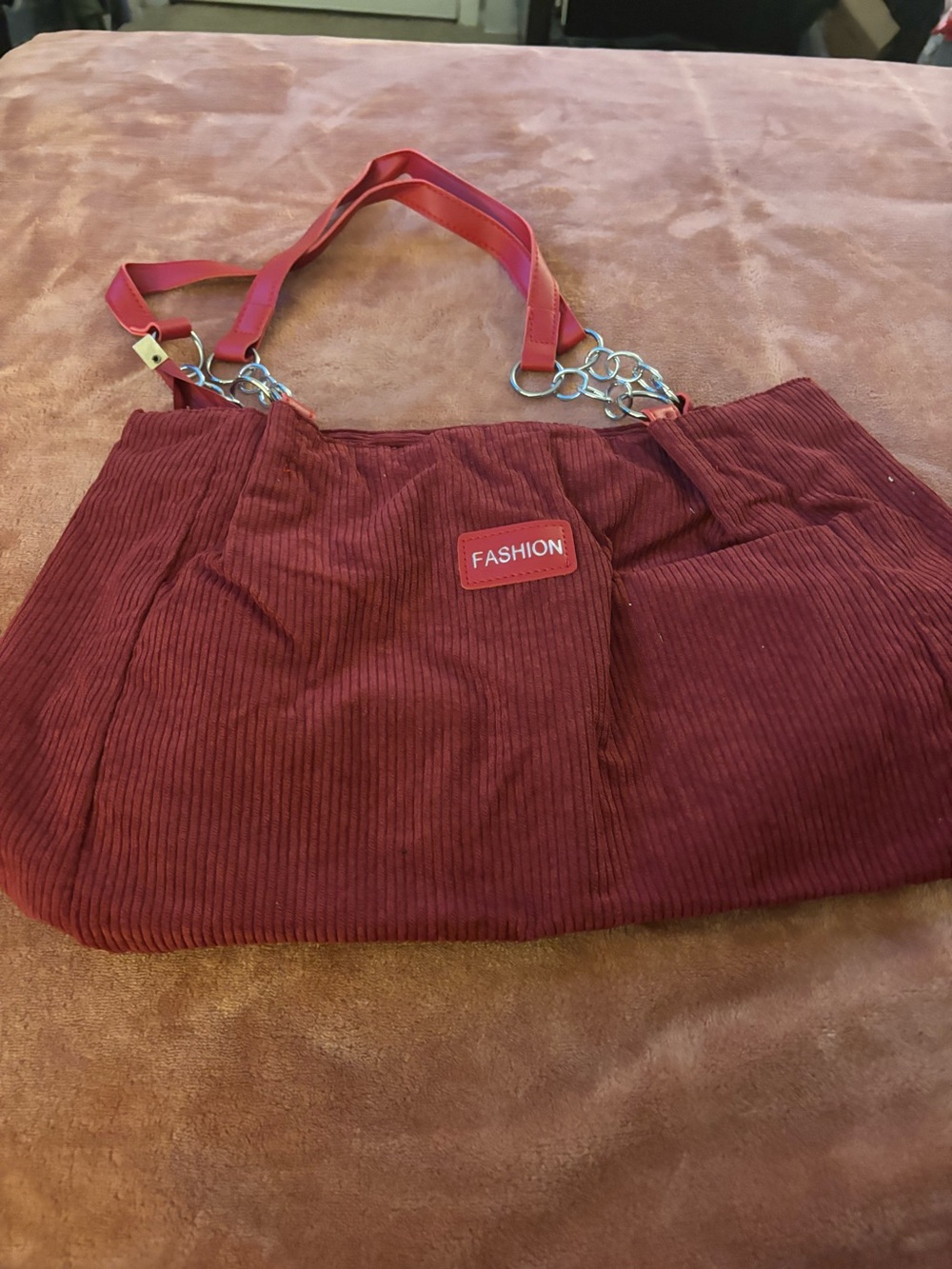 Burgundy Corduroy Tote Bag with Chain-Strap Handles